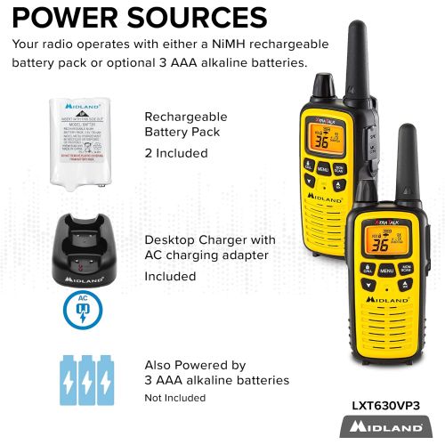  [아마존베스트]Midland - LXT630VP3, 36 Channel FRS Two-Way Radio - Up to 30 Mile Range Walkie Talkie, 121 Privacy Codes, & NOAA Weather Scan + Alert (Pair Pack) (Yellow/Black)