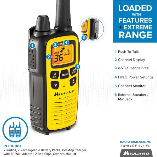  [아마존베스트]Midland - LXT630VP3, 36 Channel FRS Two-Way Radio - Up to 30 Mile Range Walkie Talkie, 121 Privacy Codes, & NOAA Weather Scan + Alert (Pair Pack) (Yellow/Black)