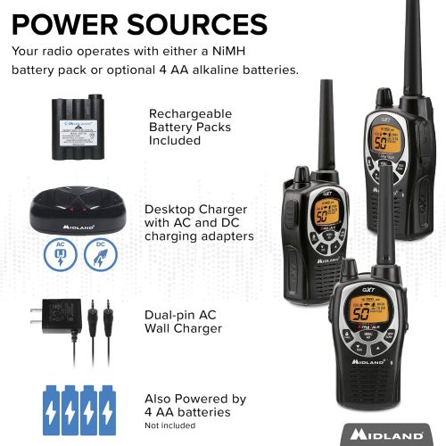  [아마존베스트]Midland 50 Channel Waterproof GMRS Two-Way Radio - Long Range Walkie Talkie with 142 Privacy Codes, SOS Siren, and NOAA Weather Alerts and Weather Scan (Black/Silver, 3-Pack)