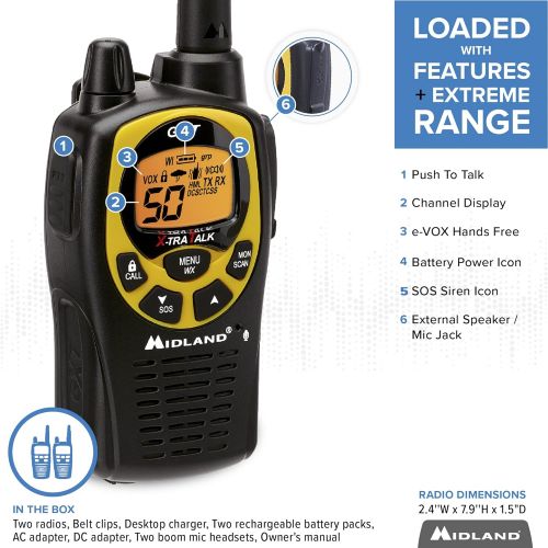  [아마존베스트]Midland 50 Channel Waterproof GMRS Two-Way Radio - Long Range Walkie Talkie with 142 Privacy Codes, SOS Siren, and NOAA Weather Alerts and Weather Scan (Black/Yellow, Pair Pack)