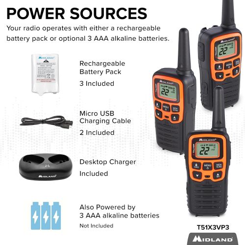  Midland - X-TALKER T51VP3, 22 Channel FRS Two-Way Radio - Extended Range, 38 Privacy Codes, NOAA Weather Alert (3 Pack) (Black/Orange)