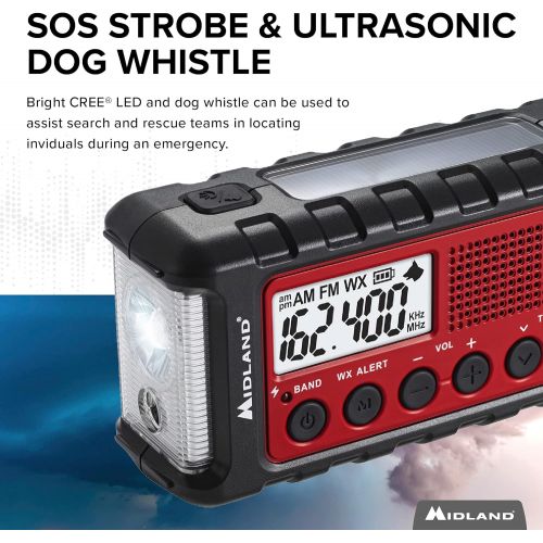  [아마존베스트]Midland - ER310, Emergency Crank Weather AM/FM Radio - Multiple Power Sources, SOS Emergency Flashlight, Ultrasonic Dog Whistle, & NOAA Weather Scan + Alert (Red/Black)