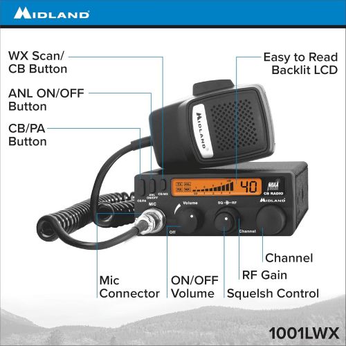 [아마존베스트]Midland 1001LWX 40 Channel Mobile CB with ANL, RF Gain, PA, and Weather Scan
