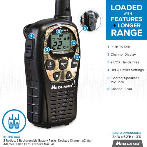  [아마존베스트]Midland 22 Channel FRS Walkie Talkies with Channel Scan - Long Range Two Way Radios, Silent Operation, Batteries Included (Mossy Oak Camo, 2-Pack)