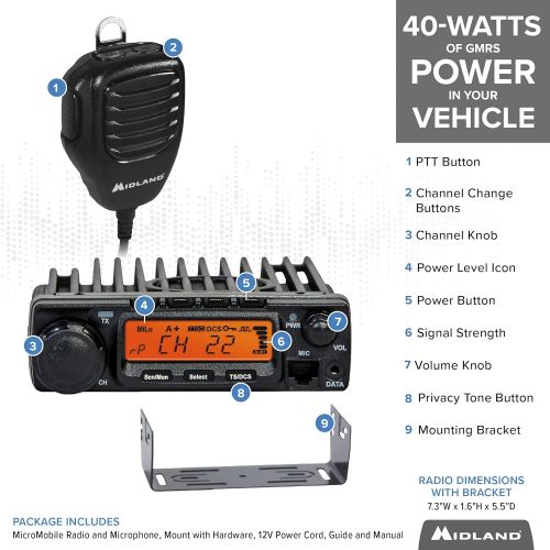  [아마존베스트]Midland 40 Watt GMRS MicroMobile Two-Way Radio - Long Range Walkie Talkie, 8 Repeater Channels, 142 Privacy Codes