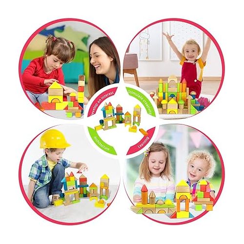  Migargle Wooden Building Blocks Set for Kids - Rainbow Stacker Stacking Game Construction Toys Set Preschool Colorful Learning Educational Toys - Geometry Wooden Blocks for Boys & Girls