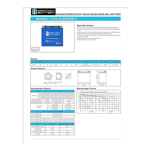  YTX14-BSGEL Replacement Battery Compatible with Shorai YTX14-BS + 12V 2Amp Charger