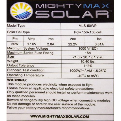  50 Watt Polycrystalline Solar Panel - Mighty Max Battery brand product