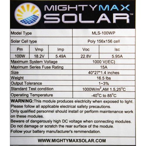  Mighty Max Battery 100 Watt 12 Volt Waterproof Polycrystalline Solar Panel Charger Brand Product