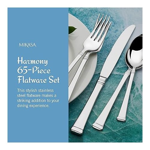  Mikasa, Harmony Flatware Service for 12, 65 Piece Set, 18/10 Stainless Steel, Silverware Set with Serving Utensils