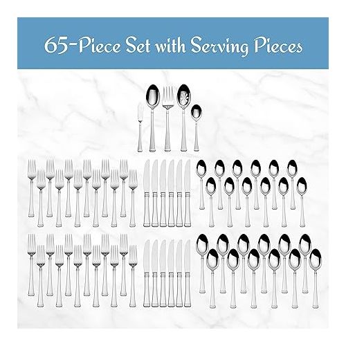  Mikasa, Harmony Flatware Service for 12, 65 Piece Set, 18/10 Stainless Steel, Silverware Set with Serving Utensils