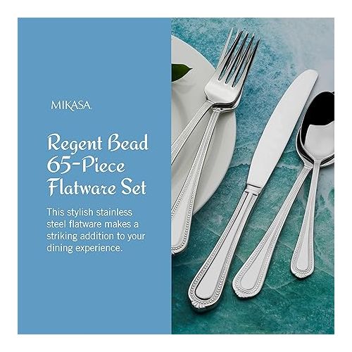  Mikasa, Regent Bead Flatware Service for 12, 65 Piece Set, 18/10 Stainless Steel, Silverware Set with Serving Utensils