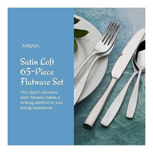  Mikasa, Satin Loft Flatware Service for 12, 65 Piece Set, 18/10 Stainless Steel, Silverware Set with Serving Utensils