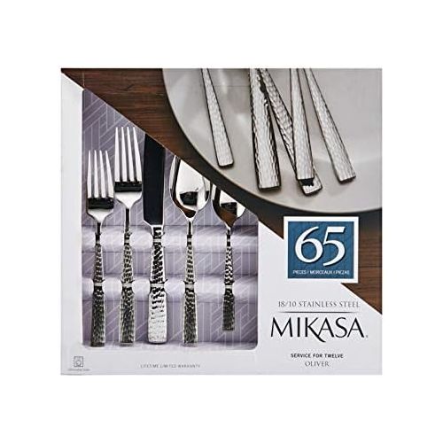  Mikasa 5204881 Oliver 65-Piece 1810 Stainless Steel Flatware Set with Serveware, Service for 12