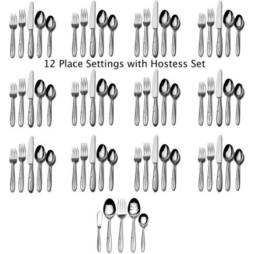  Mikasa 5132405 Sympatico 65-Piece 1810 Stainless Steel Flatware Set with Serving Utensil Set, Service for 12