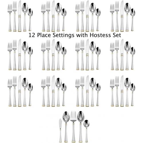  Mikasa Harmony Gold-Accent 65-Piece Stainless Steel Flatware Set with Serveware, Service for 12