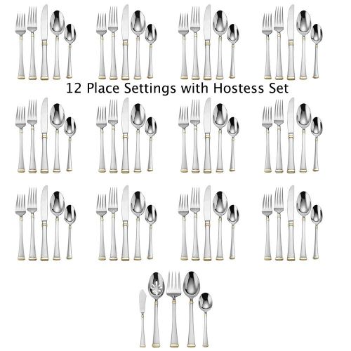  Mikasa Harmony Gold-Accent 65-Piece Stainless Steel Flatware Set with Serveware, Service for 12