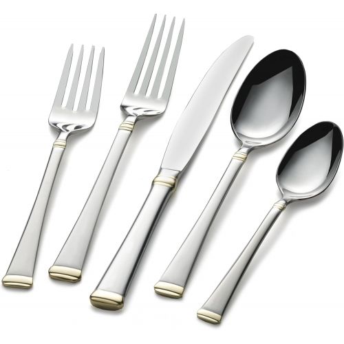  Mikasa Harmony Gold-Accent 65-Piece Stainless Steel Flatware Set with Serveware, Service for 12