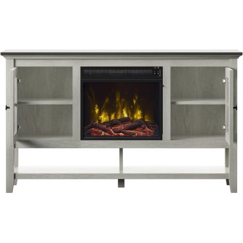  MilanHome TV Stand for TVs up to 60 with Fireplace Included, Fireplace Included, Choose Between Contemporary fire Crystals or a Realistic Log Set and Ember Bed (Both Options Included)