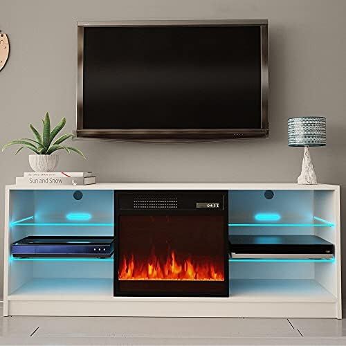  MilanHome Wrightson TV Stand for TVs up to 65 Electric Fireplace Included, Maximum TV Screen Size Accommodated: 65, Material: Manufactured Wood; Glass
