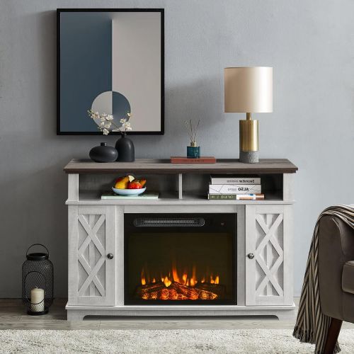  MilanHome Benedetti TV Stand for TVs up to 55 with Electric Fireplace Included, 4 Flickering Flame Effect Settings, Weight Capacity (lbs): 75 lb.
