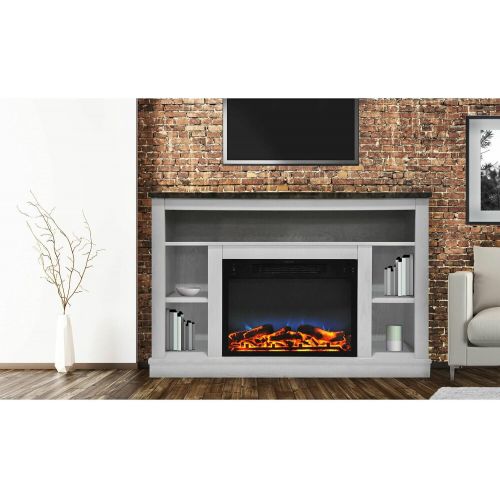  MilanHome Eudora TV Stand for TVs up to 50 with Electric Fireplace Included, Faux Marble Mantle top adds a Touch of Elegance to The Design, Dual Heat Settings and a 9 Hour- Timer