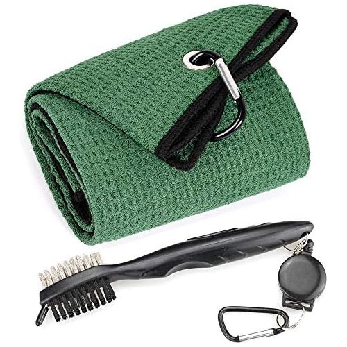  Mile High Life Microfiber Waffle Pattern Tri-fold Golf Towel Brush Tool Kit with Club Groove Cleaner, Retractable Extension Cord and Clip