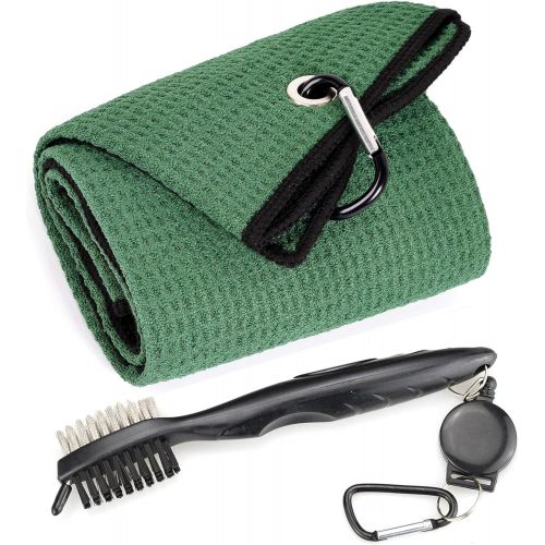  Mile High Life Microfiber Waffle Pattern Tri-fold Golf Towel Brush Tool Kit with Club Groove Cleaner, Retractable Extension Cord and Clip