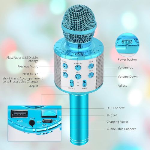  Milerong Voice Changing Karaoke Microphone for Kids Singing,5 in 1 Wireless Bluetooth Microphone with LED Lights Karaoke Machine Portable Mic Speaker Player Recorder for Home Party Birthday