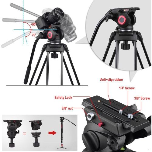  Miliboo miliboo MTT609A Heavy Duty Aluminum Fluid Head Camera Video Tripod for CamcorderDSLR Professional Monopod Tripod Stand 66.5 inch Max Height with 15 kilograms Max Load and Ground S