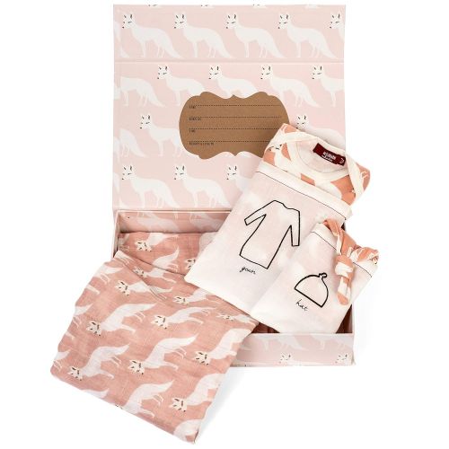  Milkbarn Organic Newborn Gown, Hat and Swaddle Blanket Keepsake Set, Pink Fox