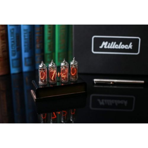  Millclock IN-14 Nixie Tube Clock Assembled Wood and Black Acrylic Enclosure and Adapter 4 Tubes