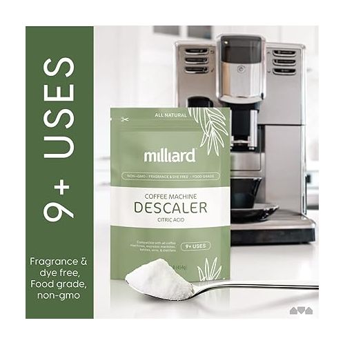  Milliard Descaler Powder, 1 lb (9 Uses), Cleans and Descales All Coffee Machines, Eliminates Hard Water, Improves Taste and Preserves Machine