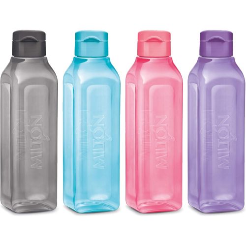  Milton Sports Water Bottle Square Juice Box 4 pack 17 or 32 oz. Great for Juices Milk Smoothies Plastic Wide-Mouth Reusable Leak Proof Drink Bottle/Carton for School Bags Lunch Boxes Gym