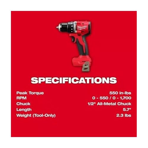  Milwaukee 3601-20 M118 18V Lithium-Ion Brushless Cordless 1/2 in. Compact Drill/Driver (Tool Only), Red