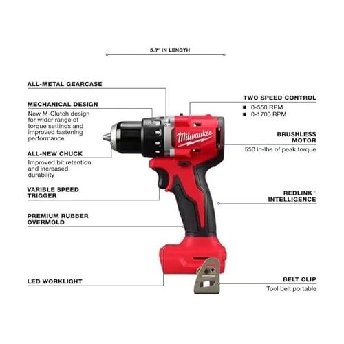  Milwaukee 3601-20 M118 18V Lithium-Ion Brushless Cordless 1/2 in. Compact Drill/Driver (Tool Only), Red