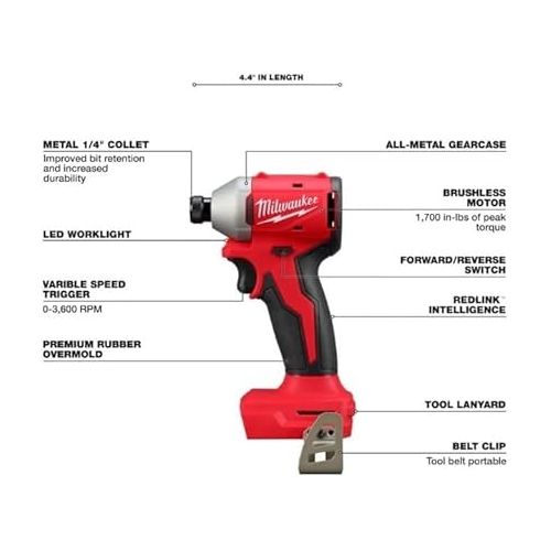  Milwaukee 3650-20 M18 18V Lithium-Ion Brushless Cordless 1/4 in. Compact Impact Driver (Tool Only), Red