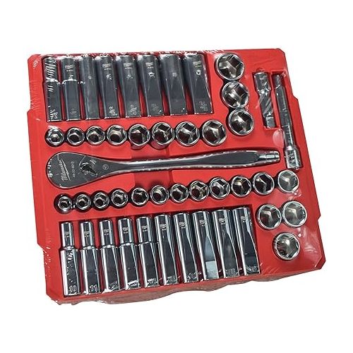  Milwaukee 48-22-9010 47-Piece 1/2 in. Drive Metric and SAE Ratchet and Socket Set with FOUR FLAT Sides