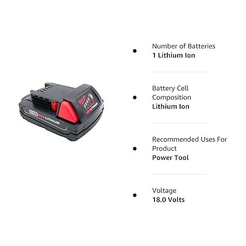  Milwaukee M18 1.5 Ah 18V Red Lithium Ion Battery 48.11.1815 for Impact Drill