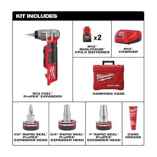  2532-22 M12 FUEL Cordless 3/8 in. - 1 in. PEX Expansion Tool Kit with (2) 2.0 Ah Batteries, (3) Rapid Seal Expansion Heads