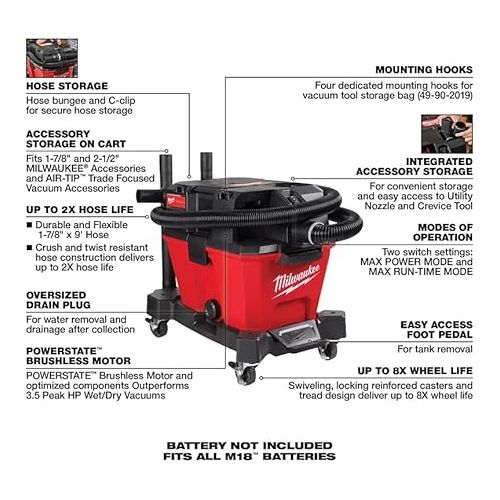  . Milwaukee M18 Fuel 6 Gallon Wet/Dry Vacuum - No Charger, No Battery, Bare Tool Only