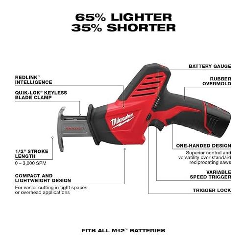  Milwaukee 2498-25 M12 12V Cordless 5-Tool Combo Kit: 2407-20 3/8 in.Drill/Driver + 2462-20 1/4 in. Hex Impact Driver+2420-20 Hackzall Recip Saw+2457-20 3/8 in.Ratchet+49-24-0146 LED Worklight,YKGAV