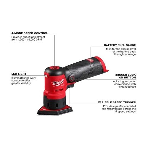  Milwaukee 2531-20 12V Brushless Cordless Orbital Detail Sander (Tool Only) Red and Black