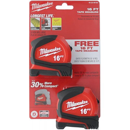  Milwaukee 48-22-6616G 2-Pack of 16’ Compact Tape Measures w/ Double-Sided Tape and Scoring Hook