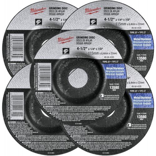  Milwaukee 5 Pack - 4 1 2 Grinding Wheel For Grinders - Aggressive Grinding For Metal & Stainless Steel - 4-1/2 x 1/4 x 7/8-Inch | Depressed