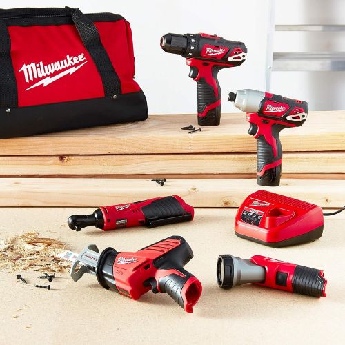  Milwaukee 2498-25 M12 12-Volt Lithium-Ion Cordless Combo Kit (5-Tool) with (2) 1.5Ah Batteries, Charger and Tool Bag