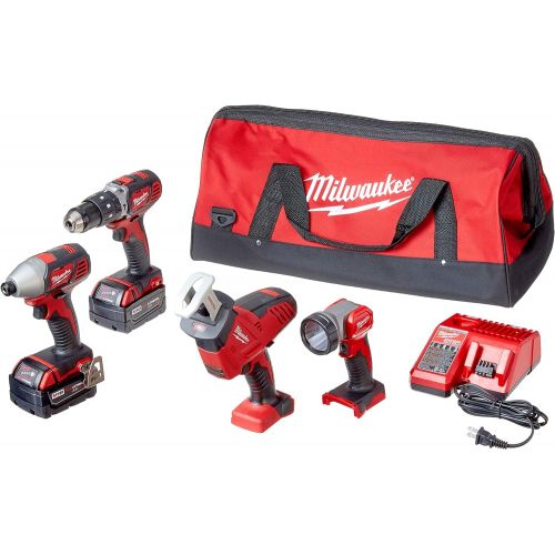  Milwaukee 2695-24 M18 18V Cordless Power Tool Combo Kit with Hammer Drill, Impact Driver, Reciprocating Saw, and Work Light (2 Batteries, Charger, and Tool Case Included)