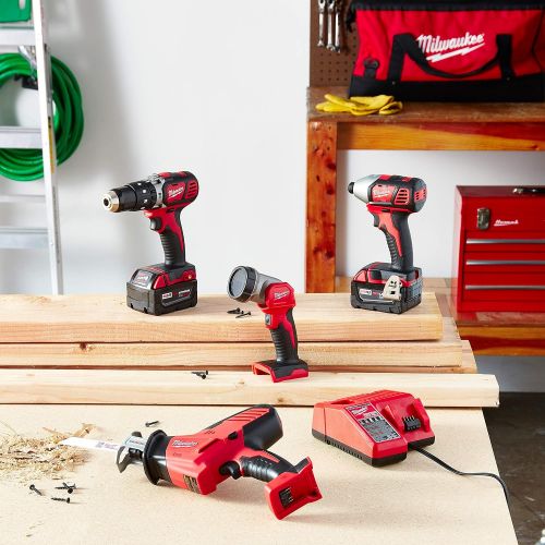  Milwaukee 2695-24 M18 18V Cordless Power Tool Combo Kit with Hammer Drill, Impact Driver, Reciprocating Saw, and Work Light (2 Batteries, Charger, and Tool Case Included)