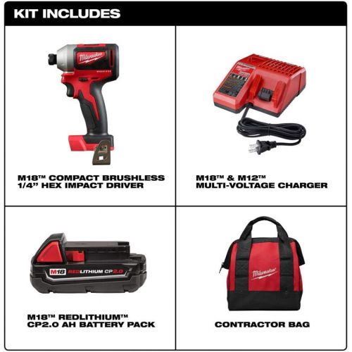  Milwaukee 2850-21P SB M18 Compact Brushless Cordless 0.25 Inch Impact Driver Kit with 1 Battery