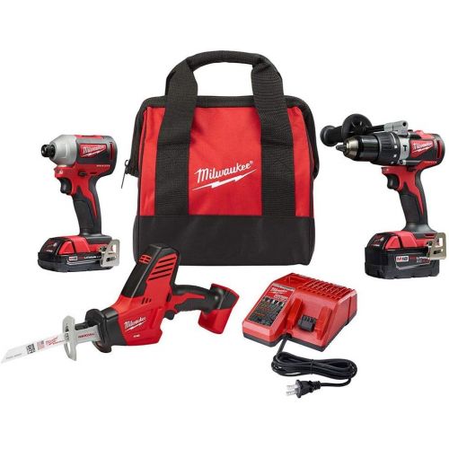  Milwaukee 2893-22CXP M18 18-Volt Lithium-Ion Brushless Cordless Hammer Drill/Impact/Hackzaw Combo Kit (3-Tool) with 2 Batteries, Charger and Bag